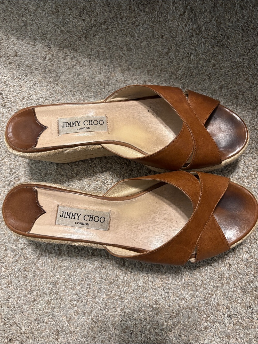Jimmy Choo Tan Leather Cross-Strap Espadrille Wedge Sandals 10